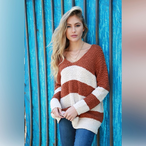 Hippie Chic Sweaters - Soft Sherpa V Neck Stripe Oversize Sweater